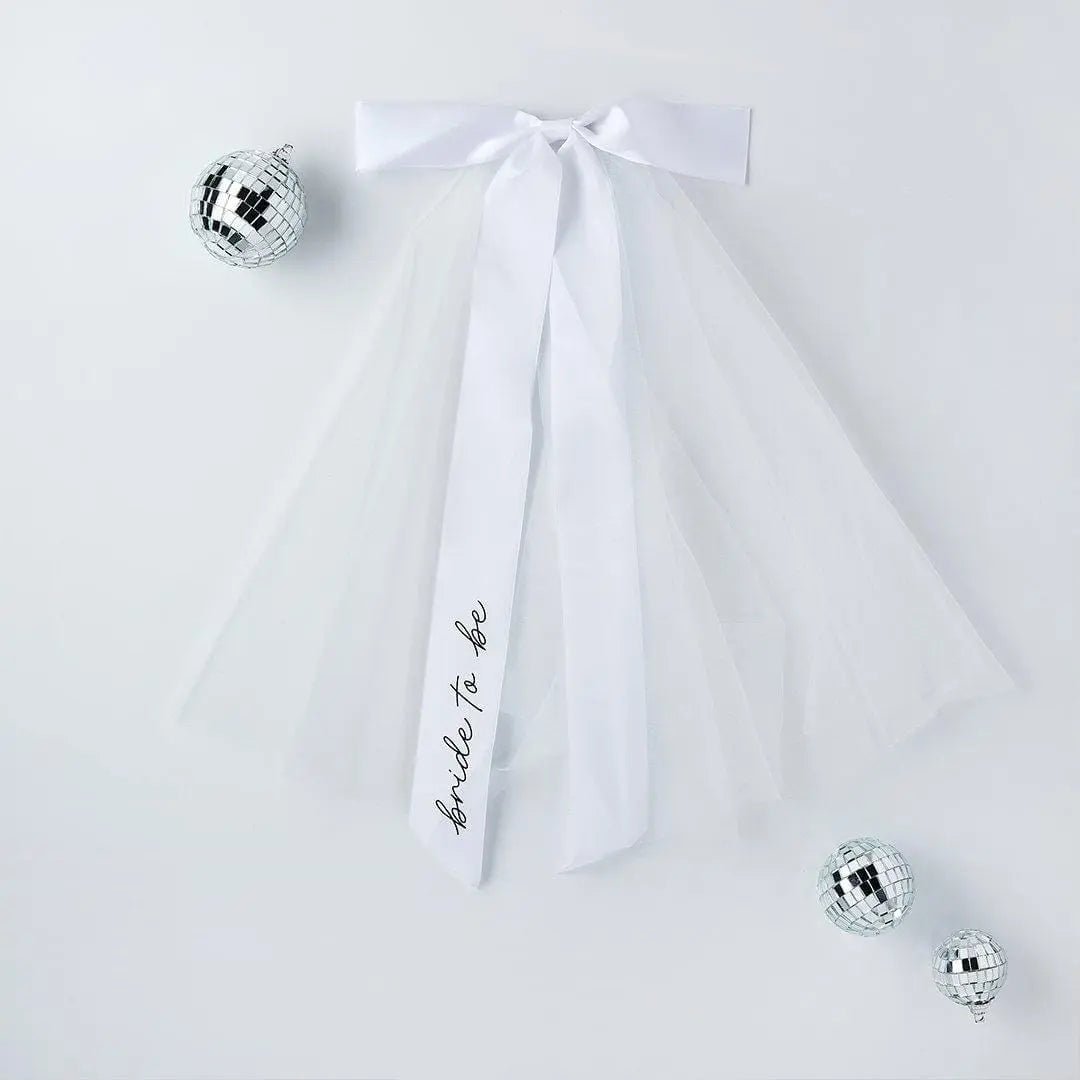 White Hen Party Veil With Large Satin Bow - Bride To Be Veil - Coquette Bridal Hair Accessory Black Script -Hootyballoo She's Tying The Knot - Jolie Fete UK