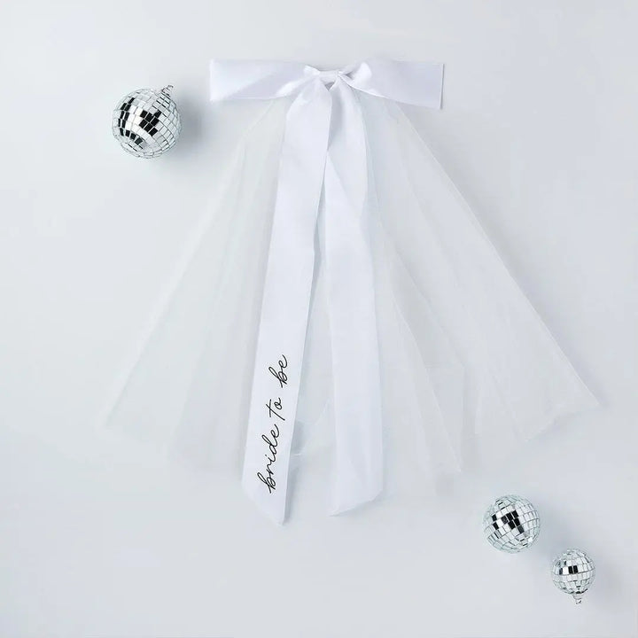 White Hen Party Veil With Large Satin Bow - Bride To Be Veil - Coquette Bridal Hair Accessory Black Script -Hootyballoo She's Tying The Knot - Jolie Fete UK