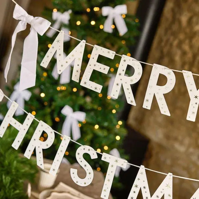 White Merry Christmas Card Banner - Velvet Bow Garland - Christmas Bunting Decoration - Xmas Mantel & Wall Hanging - Festive Home Decor - Jolie Fete UK
