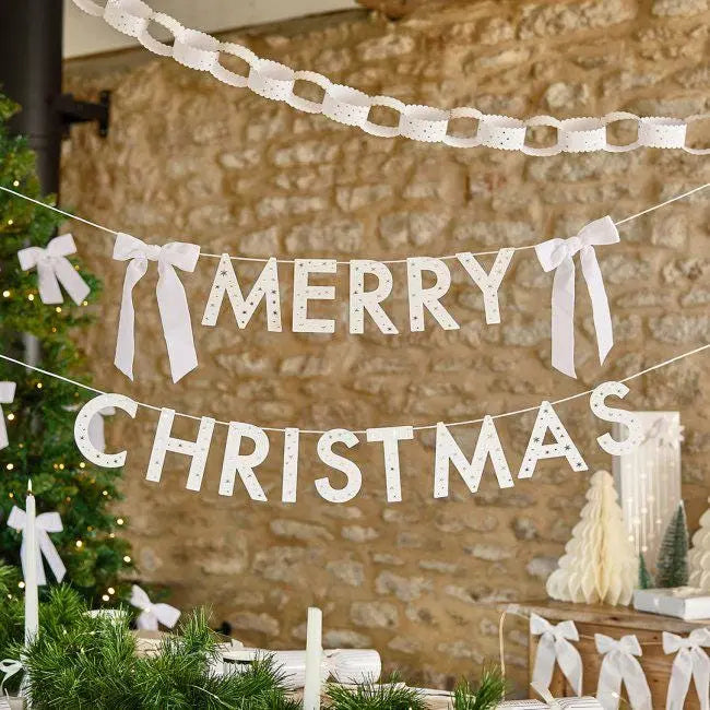 White Merry Christmas Card Banner - Velvet Bow Garland - Christmas Bunting Decoration - Xmas Mantel & Wall Hanging - Festive Home Decor - Jolie Fete UK