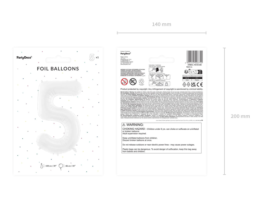 White Number 5 Balloon 86cm / 34" - Large Matt White Foil Mylar Digit - 50th Birthday Balloon - 5th - Anniversary Party Supplies - Jolie Fete UK