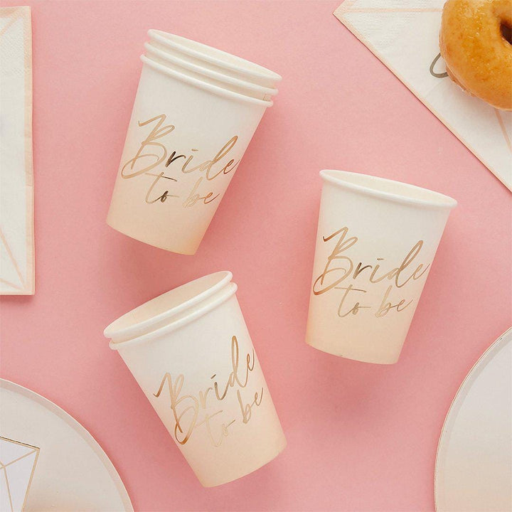 Bride To Be Paper Cups - White & Peach Hen Party Tableware - Gold Foil Bride Cups - Engagement Party Drinks-Elegant Bridal Shower-Pack of 8 - Jolie Fete UK