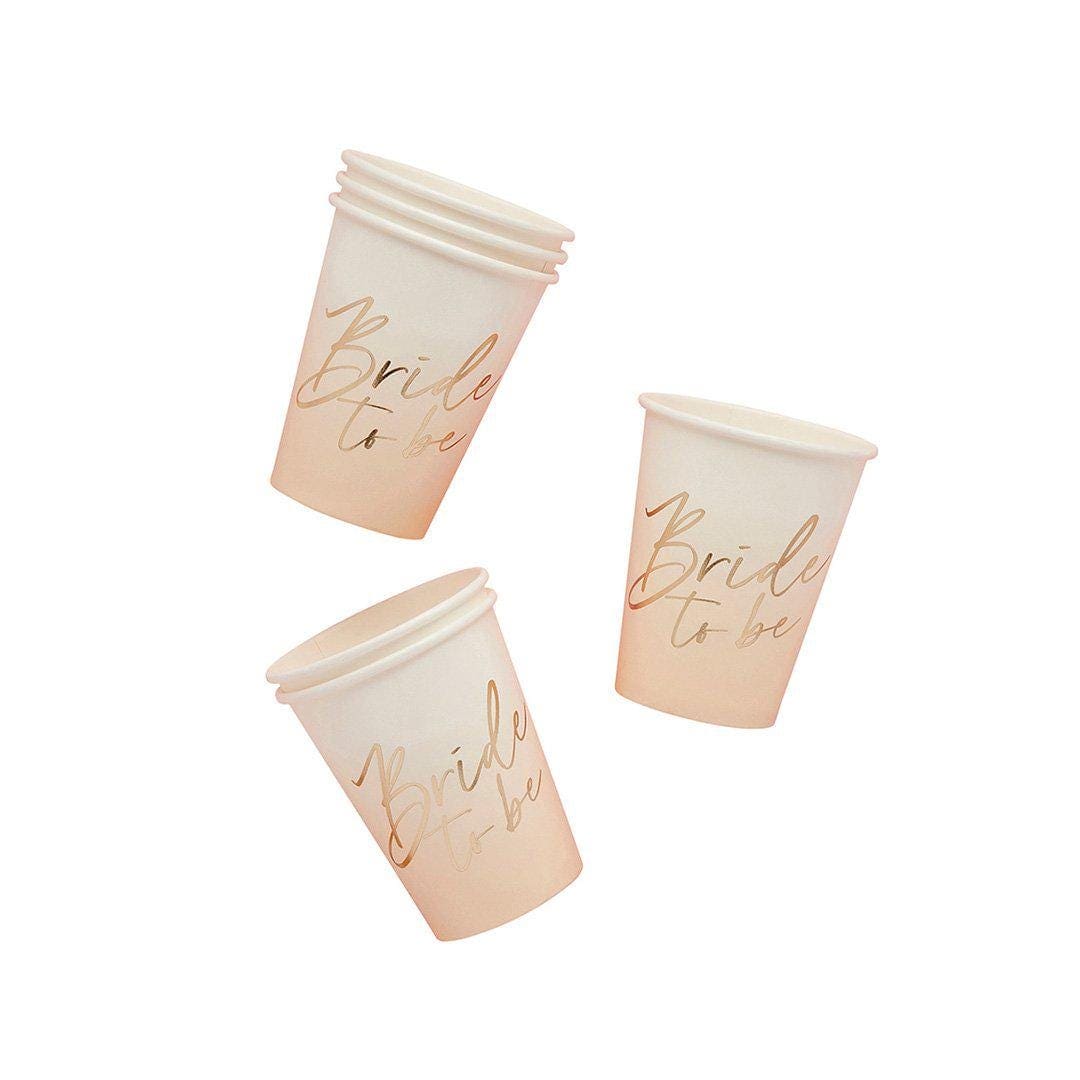 Bride To Be Paper Cups - White & Peach Hen Party Tableware - Gold Foil Bride Cups - Engagement Party Drinks-Elegant Bridal Shower-Pack of 8 - Jolie Fete UK