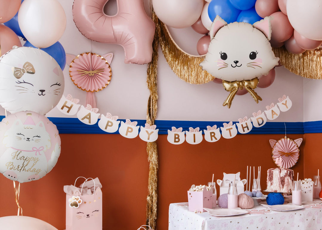 Cat Balloon - White Kitty Happy Birthday Balloon - Pastel Pink Kitten Foil Balloon - Cute Cat Theme Birthday Decor - Gold Foil Script - Jolie Fete UK