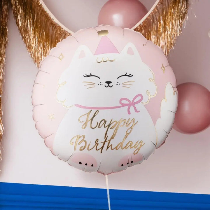 Cat Balloon - White Kitty Happy Birthday Balloon - Pastel Pink Kitten Foil Balloon - Cute Cat Theme Birthday Decor - Gold Foil Script - Jolie Fete UK