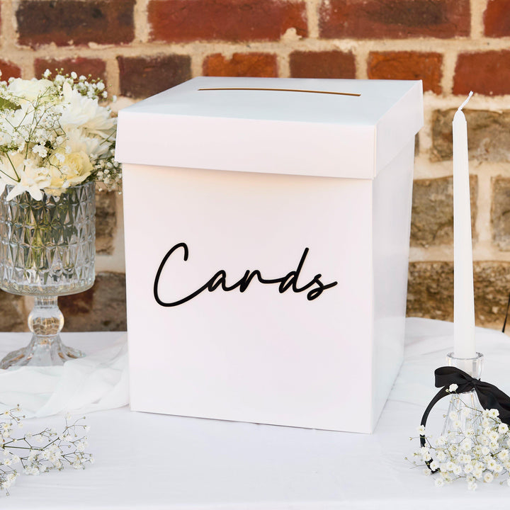 White Wedding Card Box - Minimalist Reception Post Box With Black 3D Acrylic 'Cards' Lettering - Monochrome Modern Gift Table Decor - Jolie Fete UK