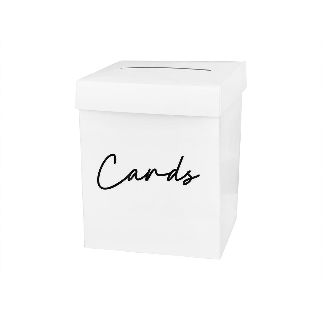 White Wedding Card Box - Minimalist Reception Post Box With Black 3D Acrylic 'Cards' Lettering - Monochrome Modern Gift Table Decor - Jolie Fete UK