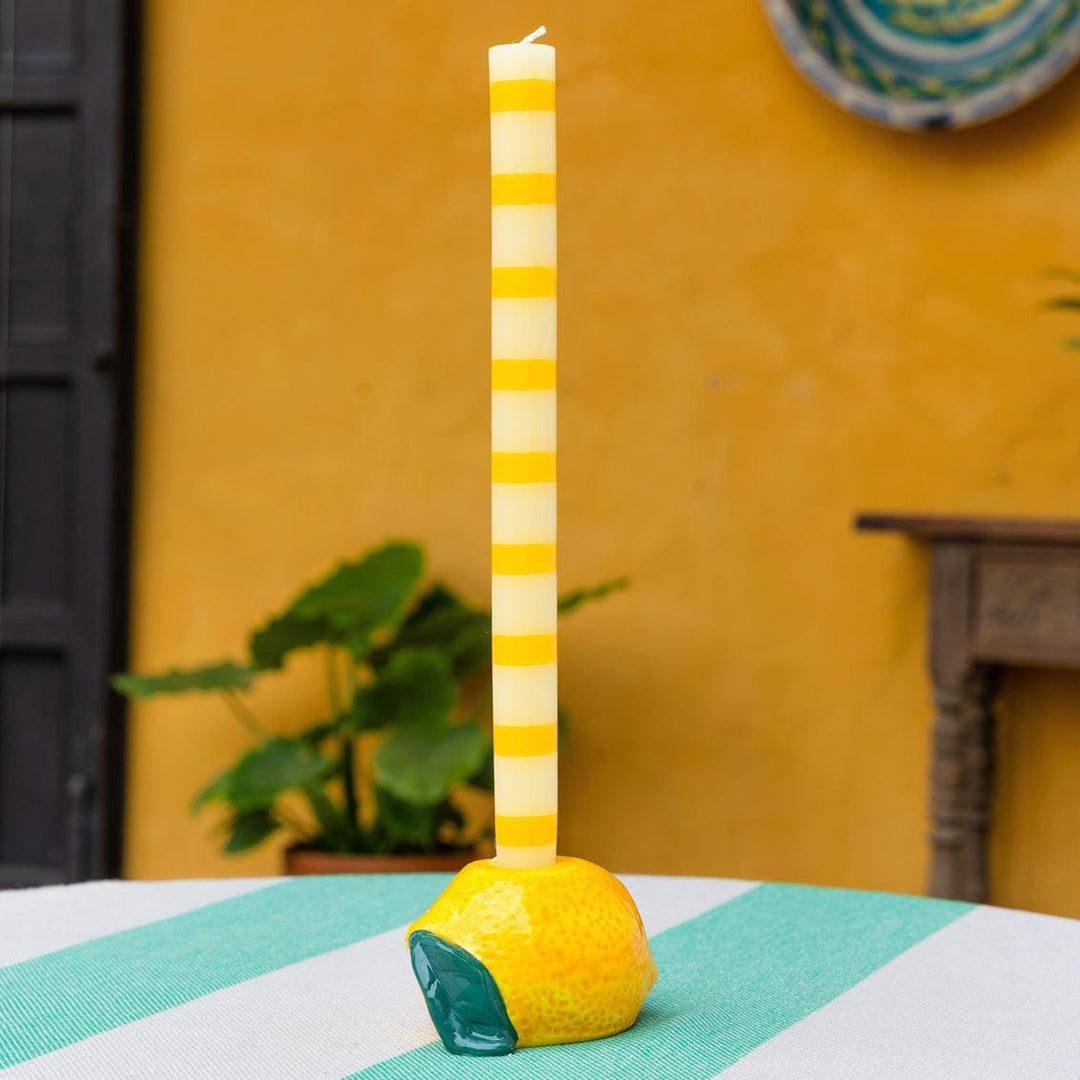 Yellow Stripe Dinner Candle - Party Tableware - Bright Taper For Spring Table Decor - Sunny Candlestick - Tall Candle - Jolie Fete UK