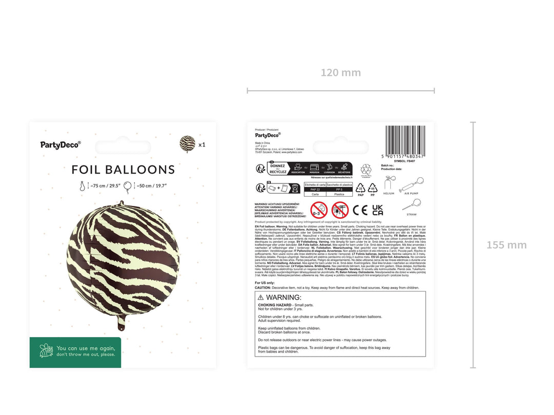 Zebra Print Balloon - Safari Birthday Decorations - Jungle Theme Foil Balloon - Orb Ball Balloon - Wild One Party - Kids Birthday Party - Jolie Fete UK