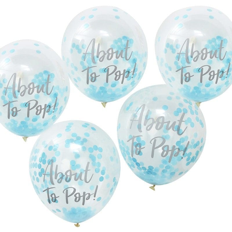 About To Pop Blue Confetti Baby Shower Balloons, Pack of 5