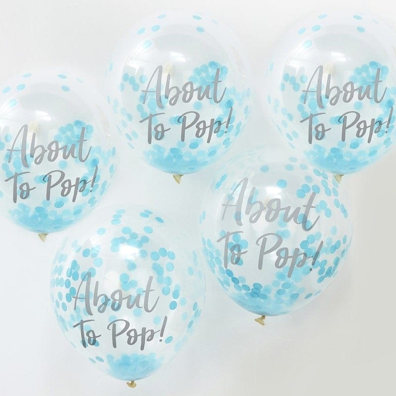 About To Pop Blue Confetti Baby Shower Balloons, Pack of 5