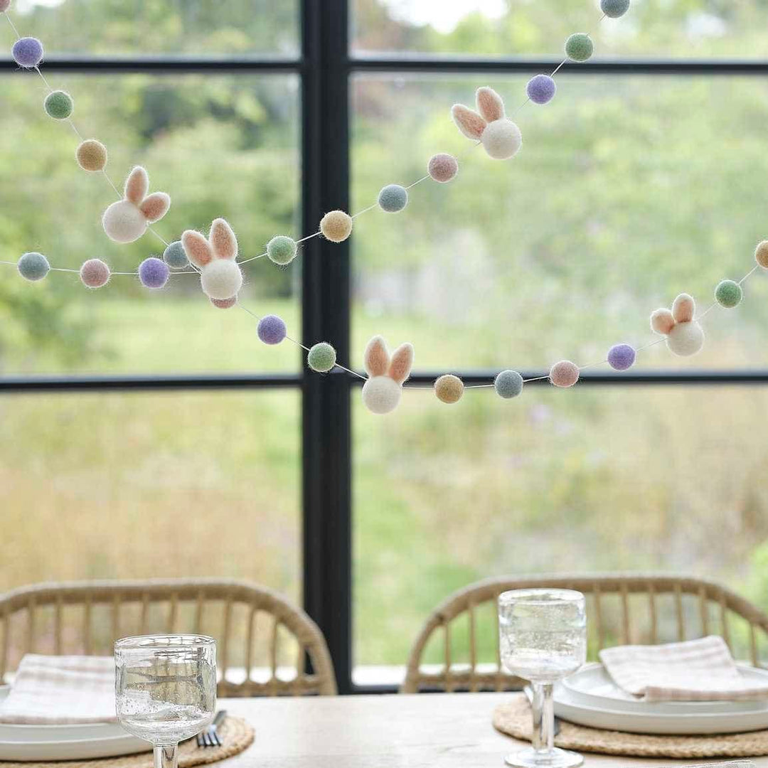 Felt Easter Bunny & Pom Pom Garland - Easter Party Decorations - Bunny Decorations - Easter Lunch Bunting - Easter Garland - Reusable Decor