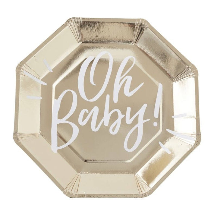 Gold & White Baby Shower Paper Plates - Pack of 8 - Oh Baby! Ginger Ray