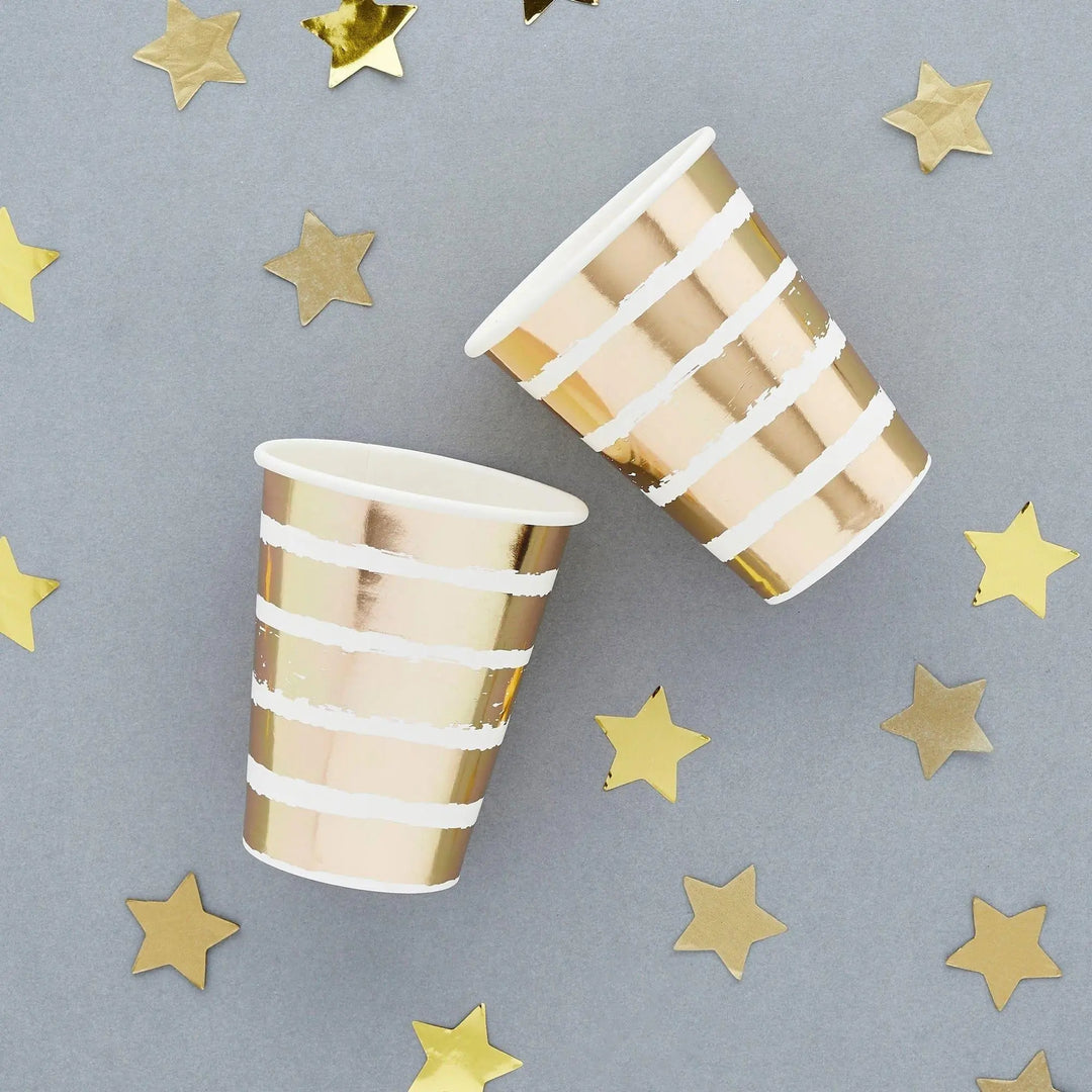 Gold Stripe Paper Cups - Gold & White Paper Party Cups - Party Tableware - Engagement Party - Baby Shower - Party Decorations - Pack of 10