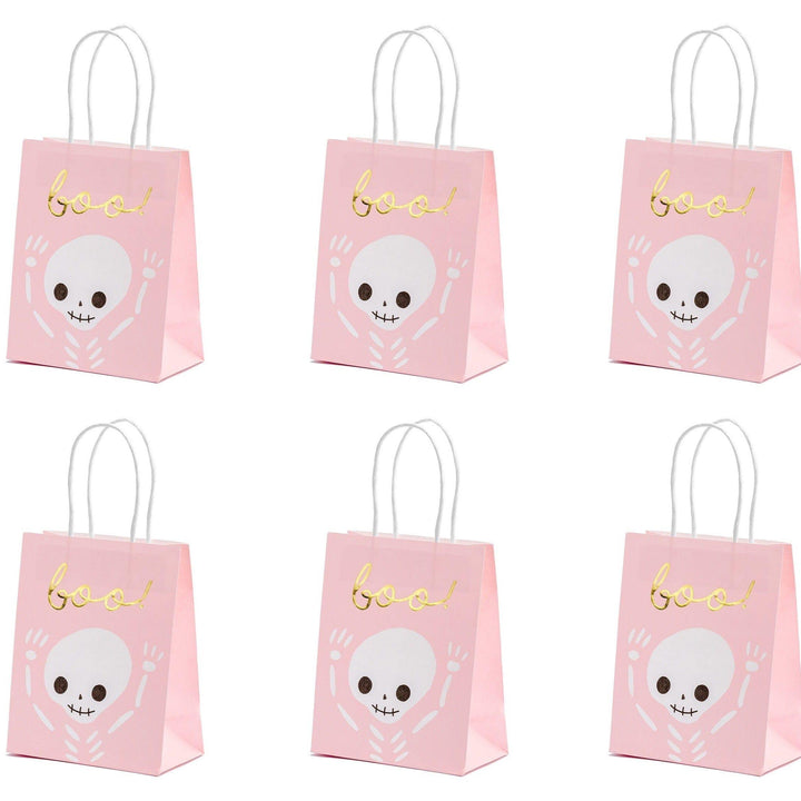 Halloween Party Bags - Pink Halloween Trick Or Treat Bags - Pink Bats - Boo Skeleton Paper Bags - Kids Halloween Bags - Pack of 6