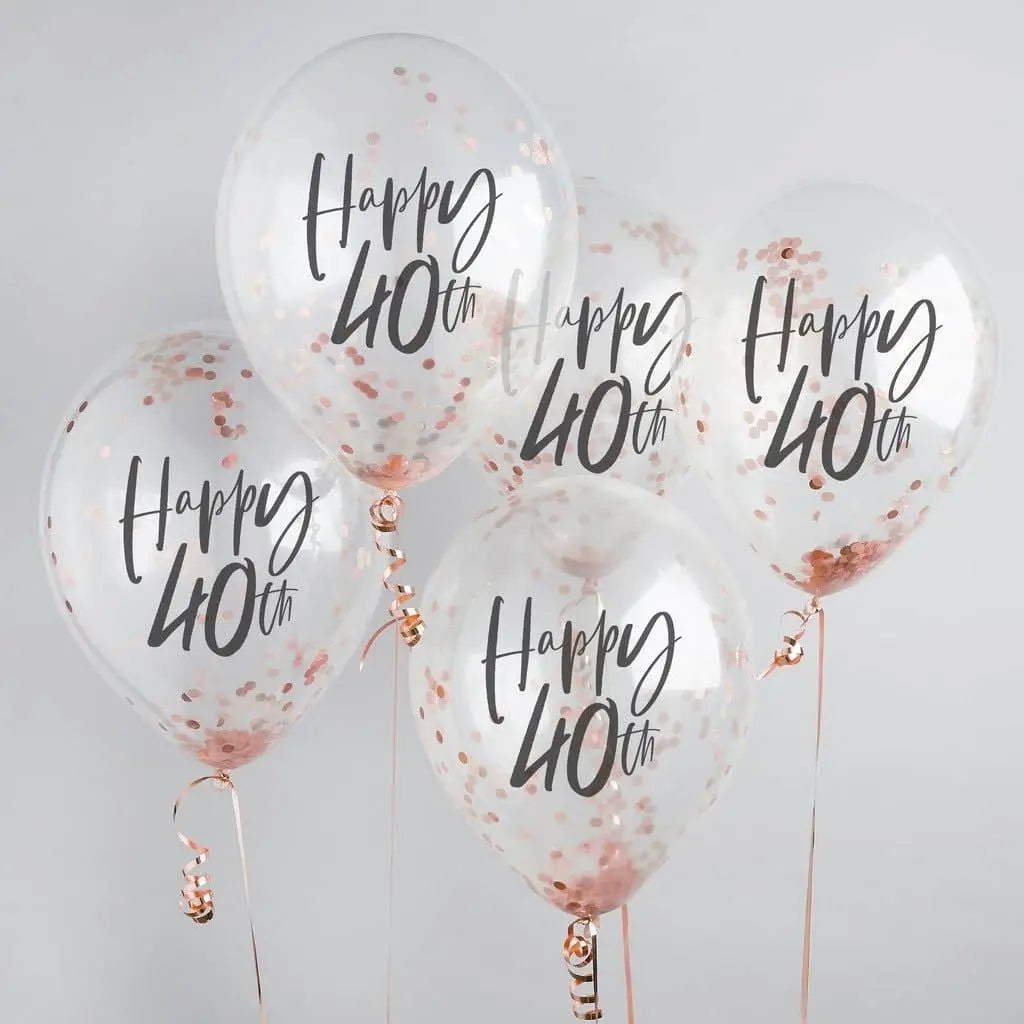 Happy 40th Rose Gold Confetti Balloons - 40th Birthday Balloons - Rose Gold 40th Birthday Decorations - Party Decorations - Pack of 5