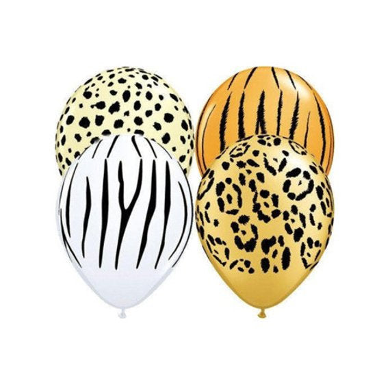 Safari Animal (Tiger, Cheetah, Leopard and Zebra) 11" Round Latex Party Balloons, Assorted Pack of 5