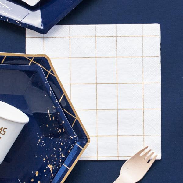 White and Gold Square Grid Design Paper Napkins - Pack of 20