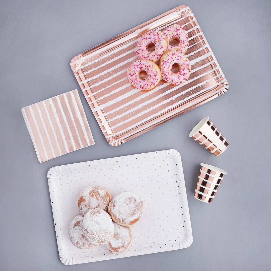 Rose Gold Paper Trays - Rose Gold & White Stripe Party Table - Party Food Trays - Striped And Spotted - Party Decorations - Pack of 4