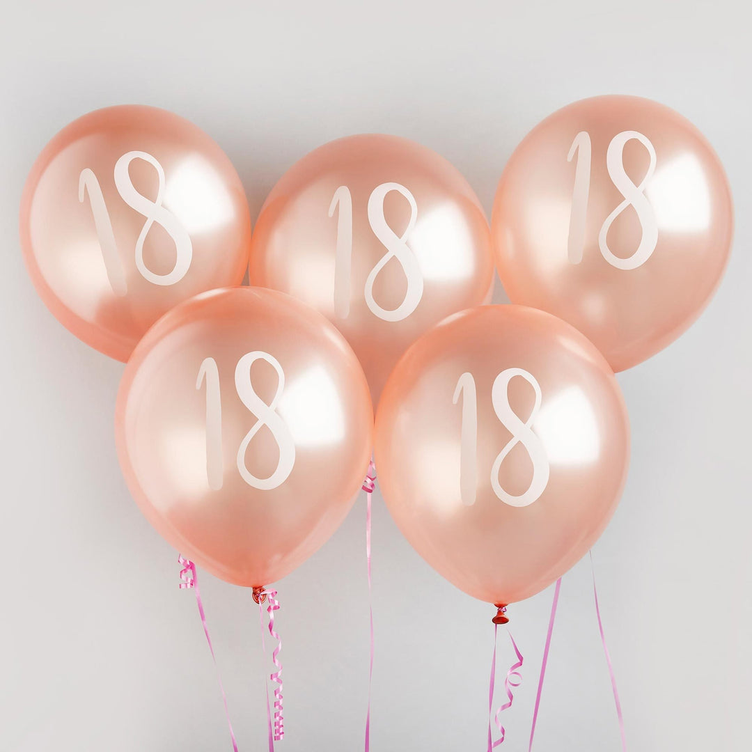 Rose Gold 18th Birthday Balloons - Happy Birthday 18 Balloons - Rose Gold & White Balloons - Party Decorations - Pack of 5