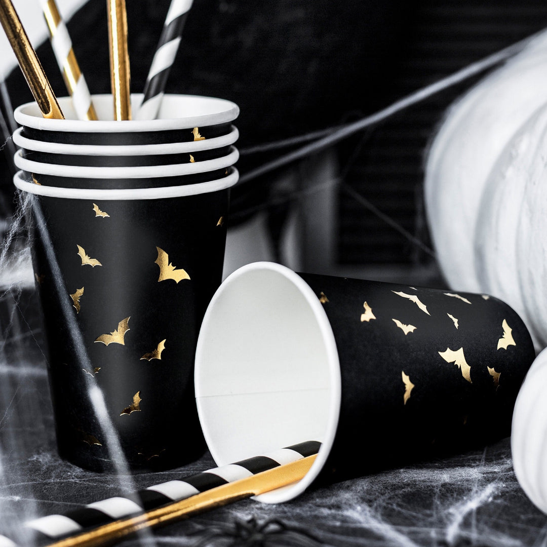 Halloween Paper Cups - Halloween Black & Gold Bat Cups - Halloween Party Decorations - Pack Of 6