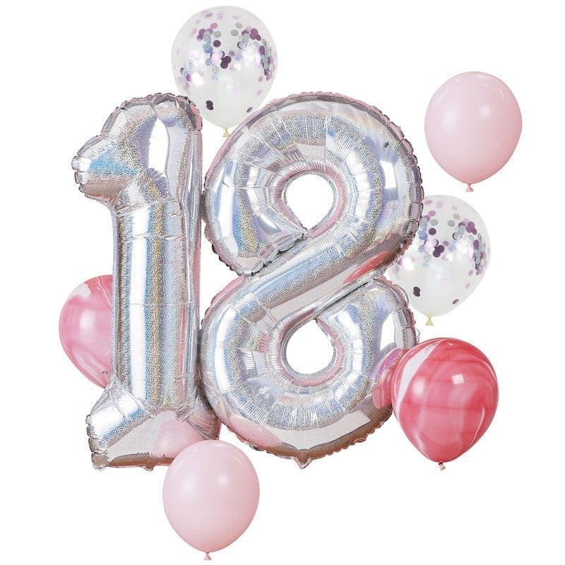 Giant 18 Balloon Bundle - Iridescent & Pink 18th Birthday Stargazer Balloons - Party Decorations - Pack of 8