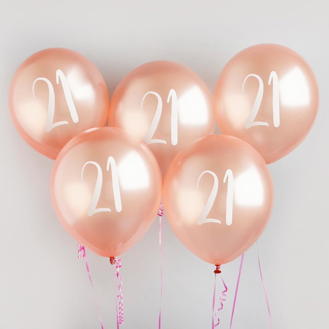 Rose Gold 21st Birthday Balloons - Happy Birthday 21 Balloons - Rose Gold & White Balloons - Party Decorations - Pack of 5