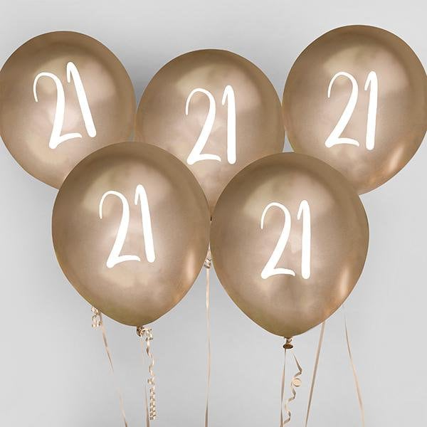 Gold 21st Birthday Balloons - Happy Birthday 21 Balloons - Gold & White Balloons - Party Decorations - Pack of 5