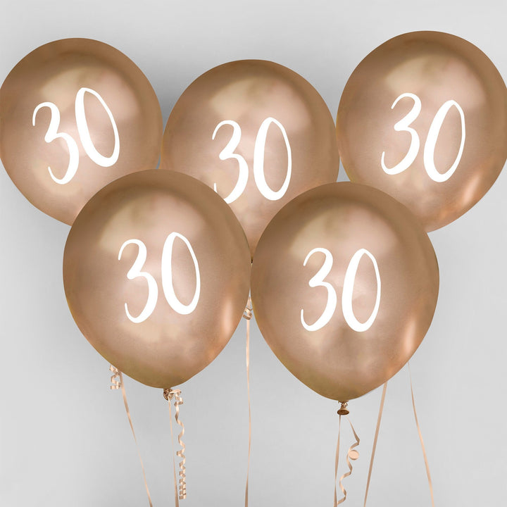 Gold 30th Birthday Balloons - Happy Birthday 30 Balloons - Gold & White Balloons - Party Decorations - Pack of 5