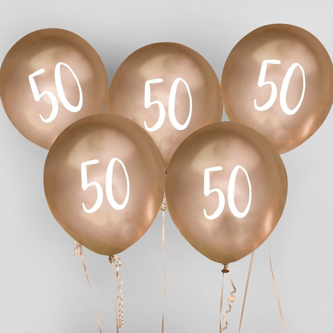 Gold 50th Birthday Balloons - Happy Birthday 50 Balloons - Chrome Gold & White Balloons - Party Decorations - Pack of 5