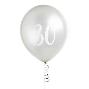 Silver 30th Birthday Balloons - Happy Birthday 30 Balloons - Silver & White Balloons - Party Decorations - Pack of 5