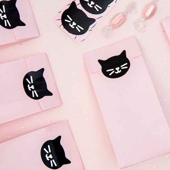 Pink & Black Cat Treat Bags - Kitten Party Bags - Birthday Party Sweetie Bags - Meow Party - Cat Party Candy Bags - Pack of 6