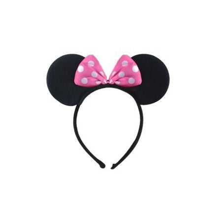 Minnie Mouse Ears Headband - Minnie Mouse Dress Up - Kids Party Fancy Dress - Black Mouse Ears - Pink & White Bow