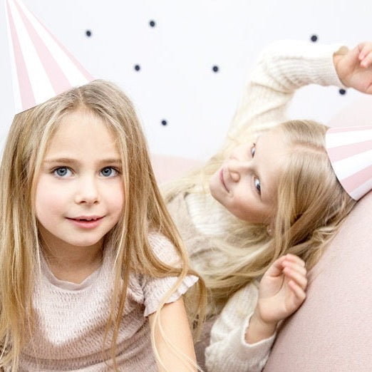 Pink & White Stripe Party Hats - Candy Party - 1st Birthday Party - Meow Party - Birthday Party Decorations - Pack of 6