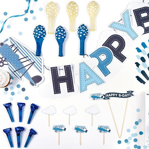 Boys Party Decoration Box - Plane Party Birthday Decorations Set - Blue & White Party Decor - 39 Pieces