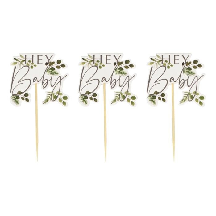 Baby Shower Cupcake Toppers - Hey Baby Cake Toppers - Eco Friendly Party Supplies - Botanical Baby Shower - Food Picks - Pack of 12