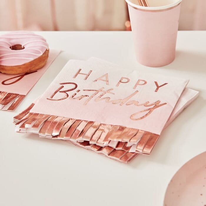 Rose Gold and Pink Ombre Fringe Happy Birthday Napkins -Rose Gold Paper Napkins-Birthday Napkins-Party Napkins-Rose Gold Birthday-Pack of 16