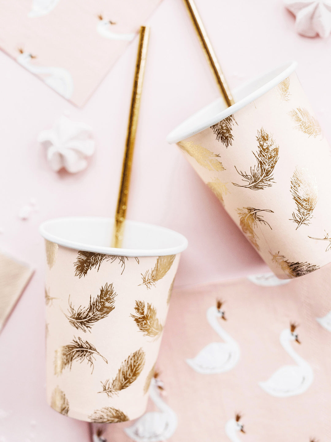 Swan Paper Cups - Gold Feather & Pink Paper Birthday Party Cups - Blush Pink Decor - Baby Shower decor - Birthday Decorations - Pack of 6