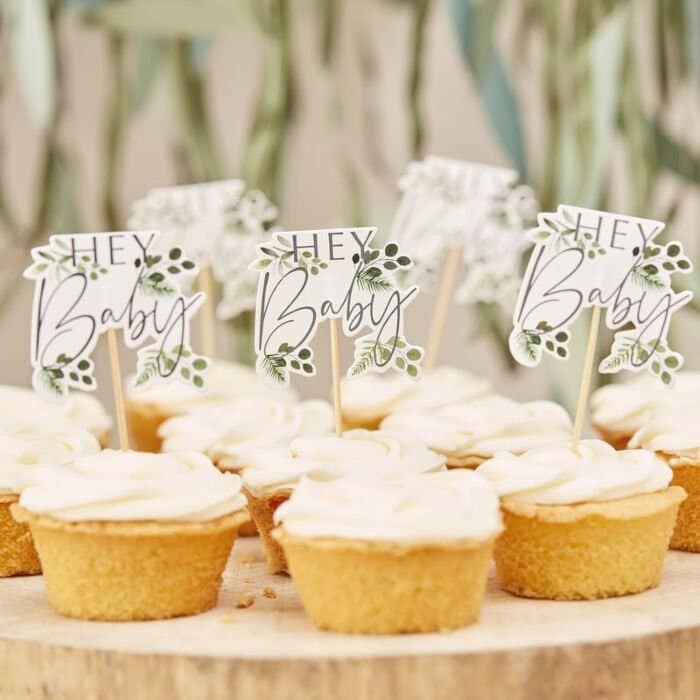 Baby Shower Cupcake Toppers - Hey Baby Cake Toppers - Eco Friendly Party Supplies - Botanical Baby Shower - Food Picks - Pack of 12