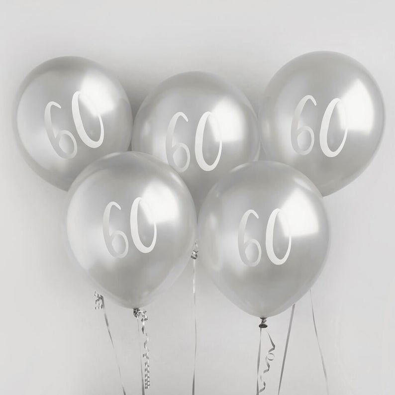 Silver 60th Birthday Balloons - Happy Birthday 60 Balloons - Silver & White Balloons - Party Decorations - Pack of 5