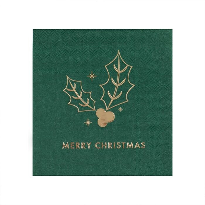 Gold Merry Christmas Napkins - Green & Gold Paper Napkins - Cocktail Napkins - Christmas Drinks Party Tableware-Traditional decor-Pack of 16