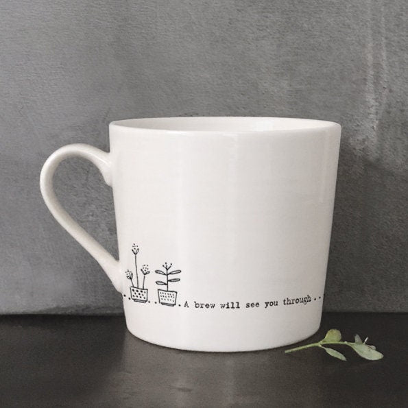 White Porcelain Mug - A Brew Will See You Through - White And Black Coffee Cup - Wobbly Mug - East Of India