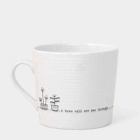 White Porcelain Mug - A Brew Will See You Through - White And Black Coffee Cup - Wobbly Mug - East Of India