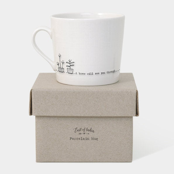 White Porcelain Mug - A Brew Will See You Through - White And Black Coffee Cup - Wobbly Mug - East Of India