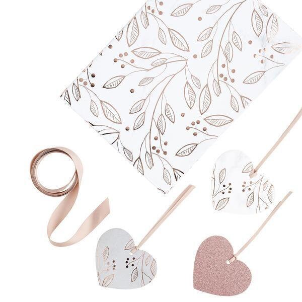 Rose Gold Gift Wrapping Kit - Rose Gold & White Gift Wrap - Rose Gold Ribbon - Heart Tags - Birthday Present Wrapping Paper