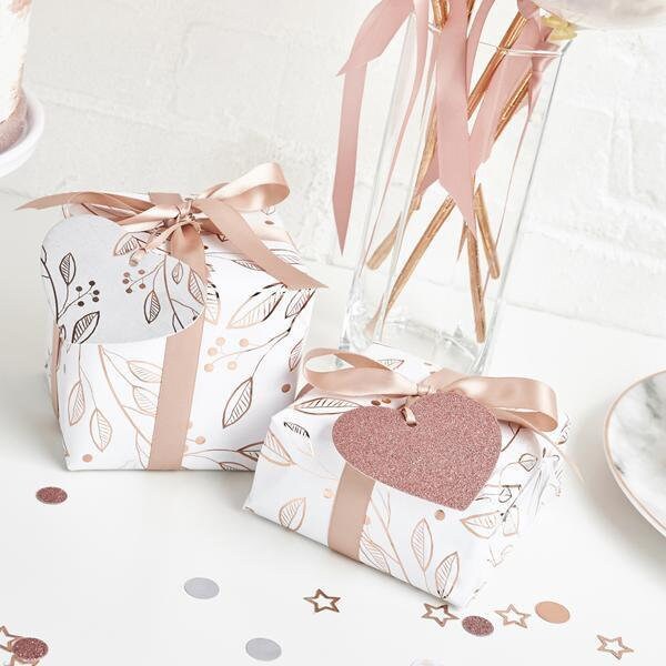 Rose Gold Gift Wrapping Kit - Rose Gold & White Gift Wrap - Rose Gold Ribbon - Heart Tags - Birthday Present Wrapping Paper