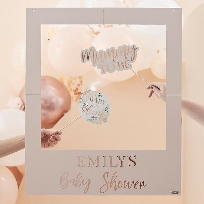 Customisable Rose Gold Pink Baby Shower Photo Frame - Personalised Selfie Frame - Baby Shower Photo Booth Prop - Baby In Bloom-