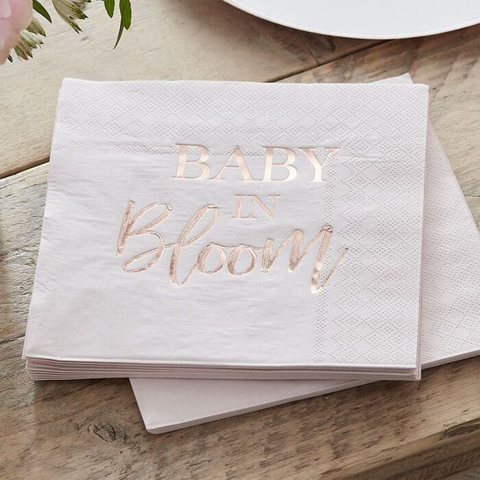 Baby Shower Napkins - Rose Gold Baby Shower Paper Napkins - Rose Gold & Blush Pink Baby Shower Tableware - Baby In Bloom - Pack of 16