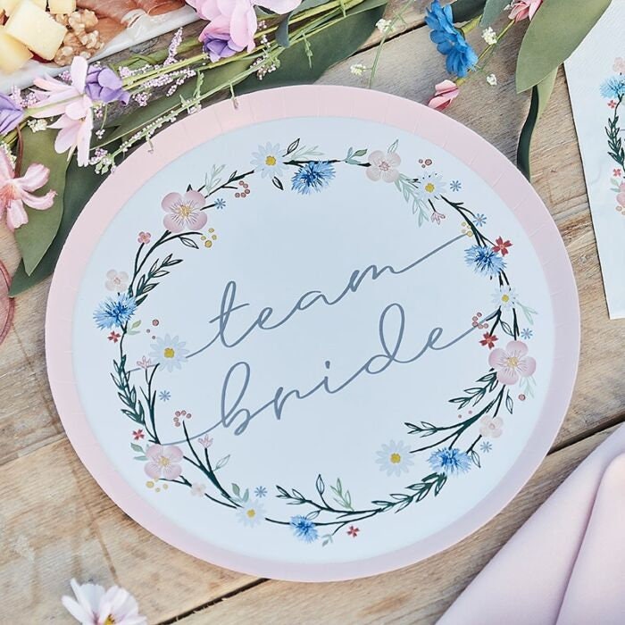 Team Bride Paper Plates - Boho Floral Eco Team Bride Party Plates - Floral And Pink Hen Plates - Bachelorette Plates - Pack of 8