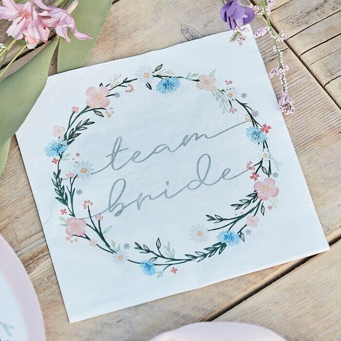 Team Bride Paper Napkins - Boho Floral Eco Team Bride Party Napkins - Floral And Pink Hen Napkins - Bachelorette & Bridal Napkins-Pack of 16